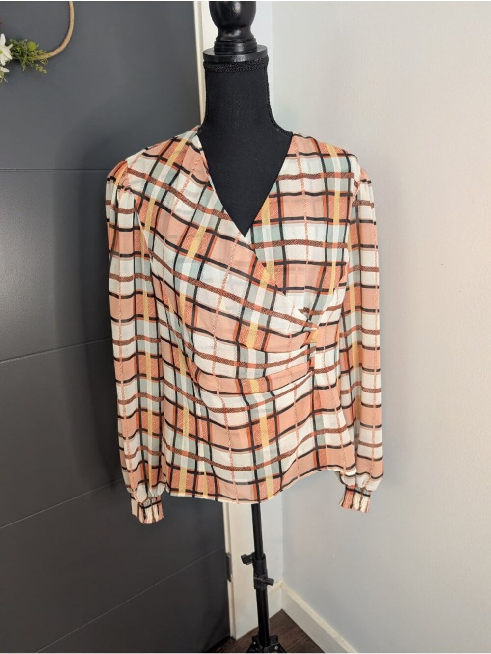 The Cabi Whist Blouse Style #6295 Long-Sleeve Crossover Wrap-Style Plaid Top - M